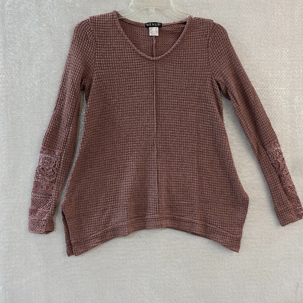 VENUS Top Blouse Woman's XS Long Sleeve With Lace Insert Waffle Weave Split Side